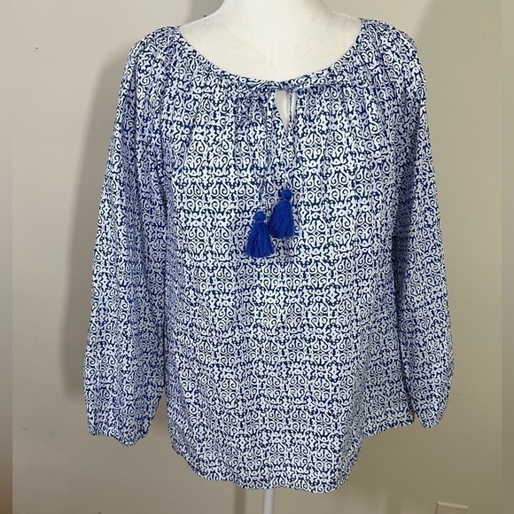 J. Crew sz med top, tunic boho style. Blue stripe Tie at the neckline. - Picture 6 of 13